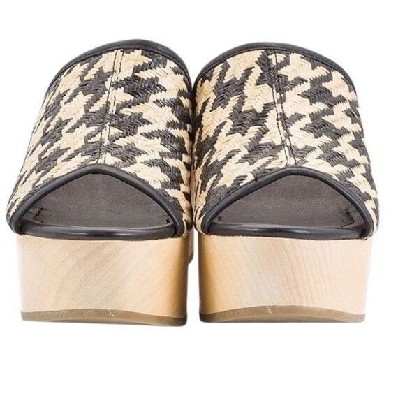 Logan Open Toe Leather‎ Raffia Houndstooth Wooden Clog Black Cream Size 36 - Picture 2 of 13